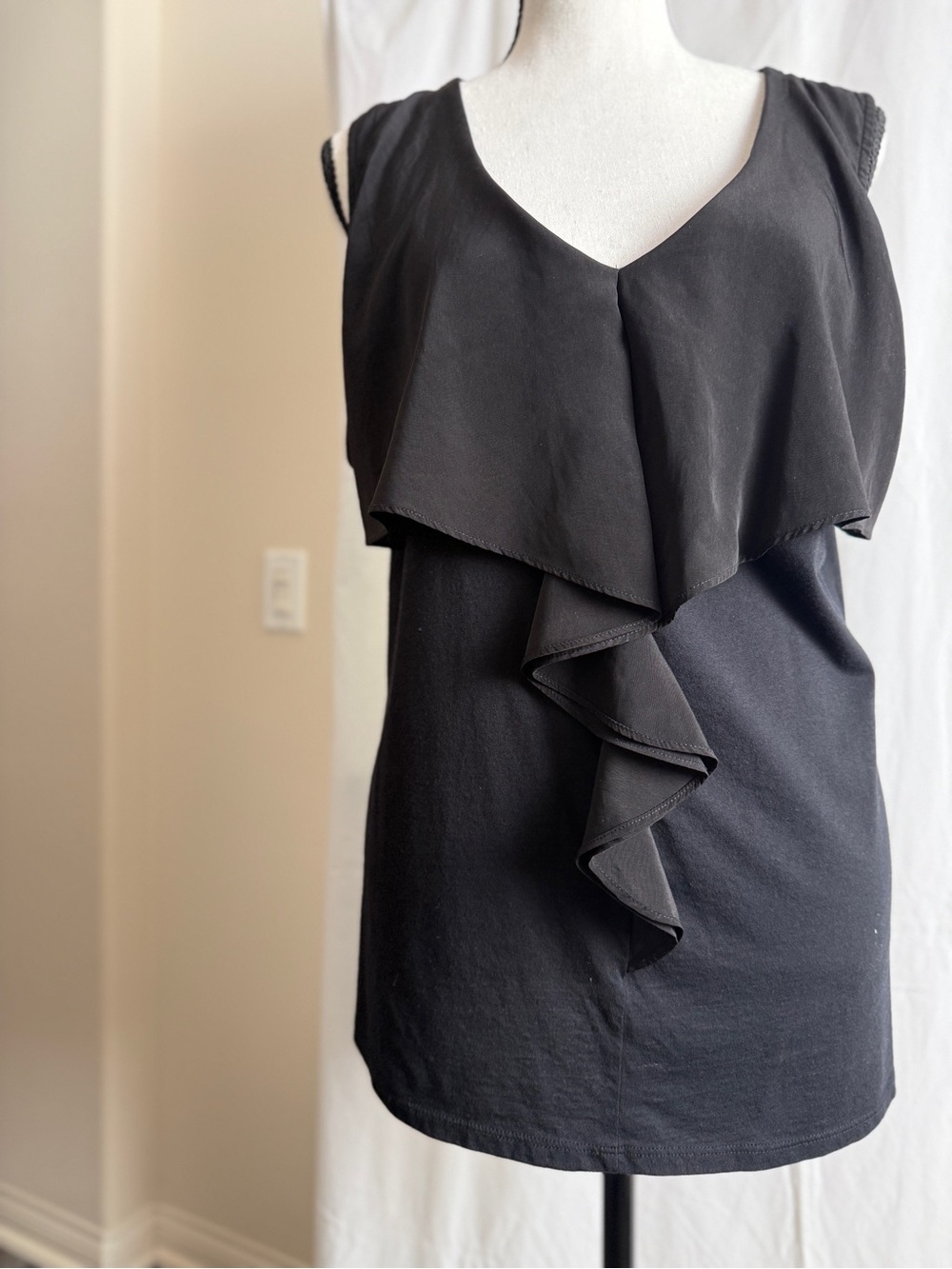 Anthropologie Deletta Black Sleeveless V-Neck Top with Cascade Ruffle